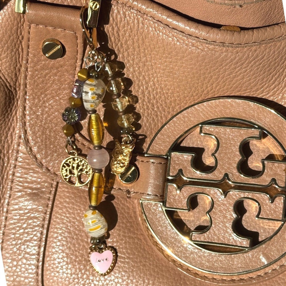 Handmade Beaded Bag Charm Tree of Life Owl Heart Gold Amber Pink Purse Accessory